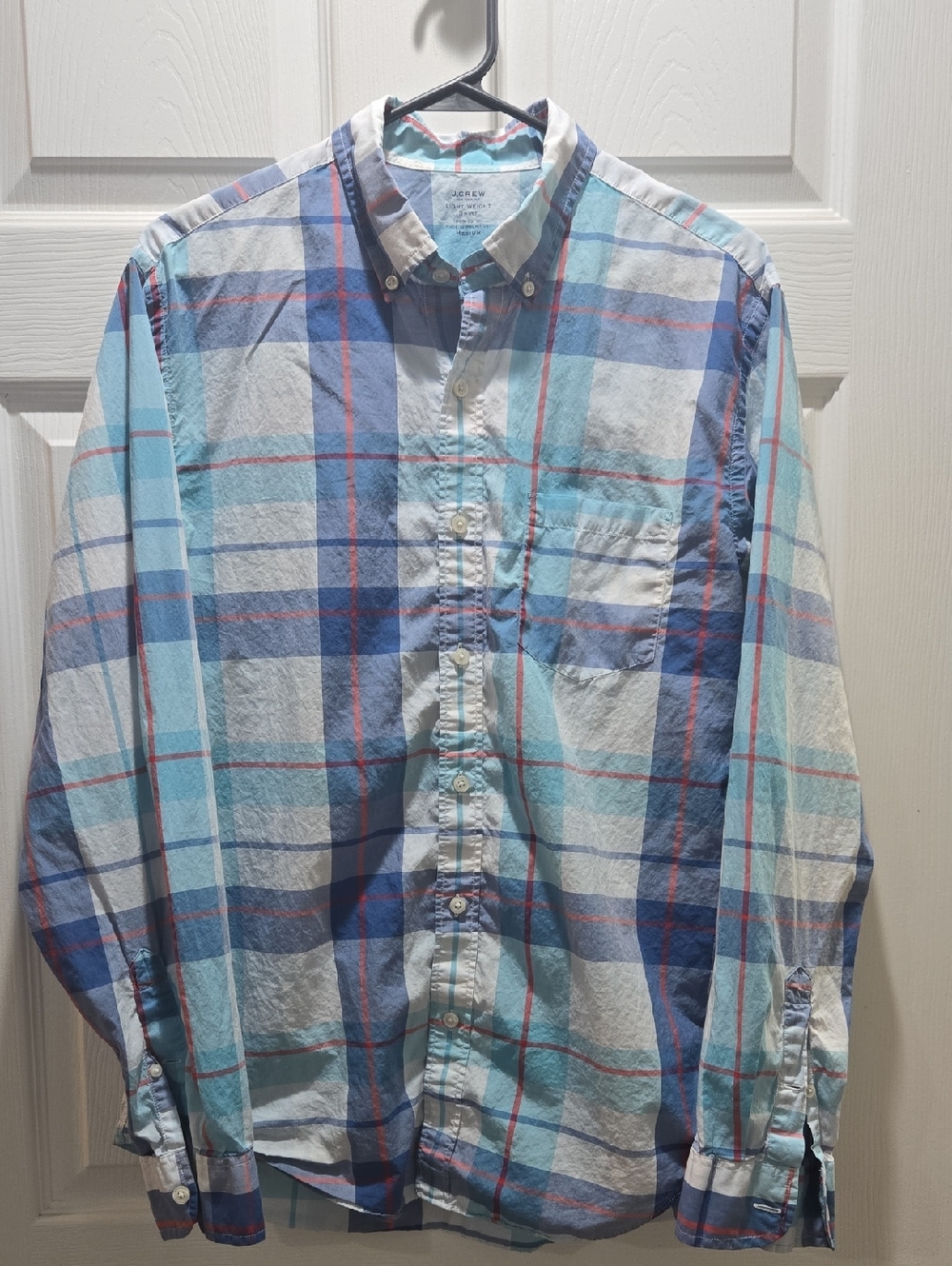 J. Crew Light Blue and Navy Plaid Button-Down Shirt. Size Medium
